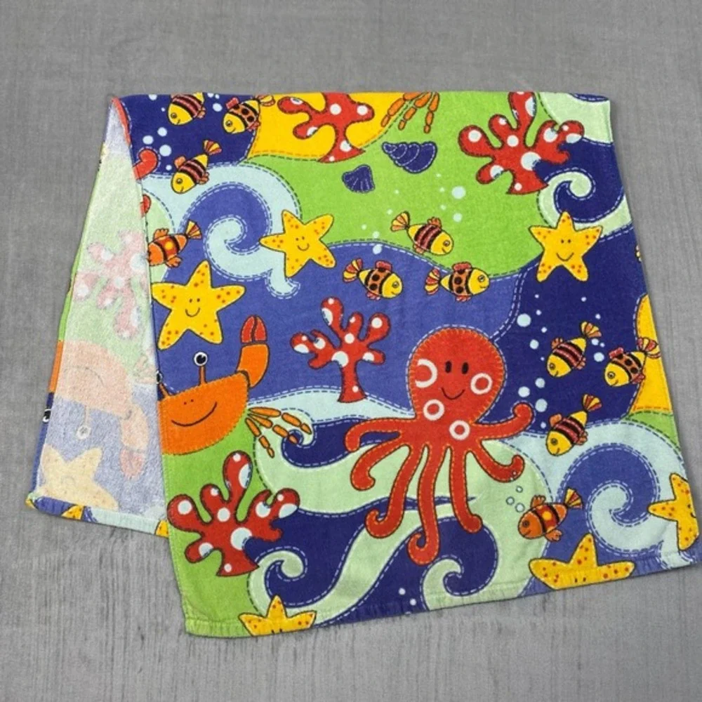 Vtg Aloha Beach Towel Colorful‎ Underwater Sea Animals Octopus Crab 100% Cotton